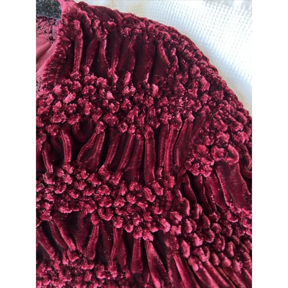 Han Feng Designer Size Small Crinkle Crush Velvet Stretch Long Sleeve Blouse Top